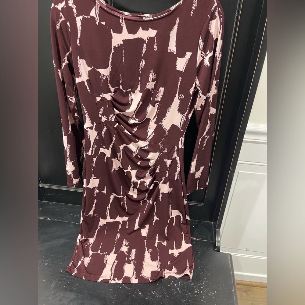 New York & Company Maroon and Pink Long Sleeve Dress